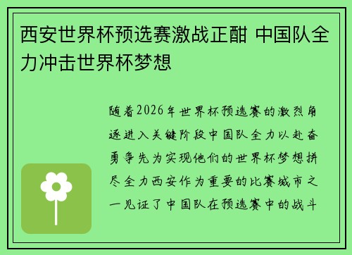 西安世界杯预选赛激战正酣 中国队全力冲击世界杯梦想